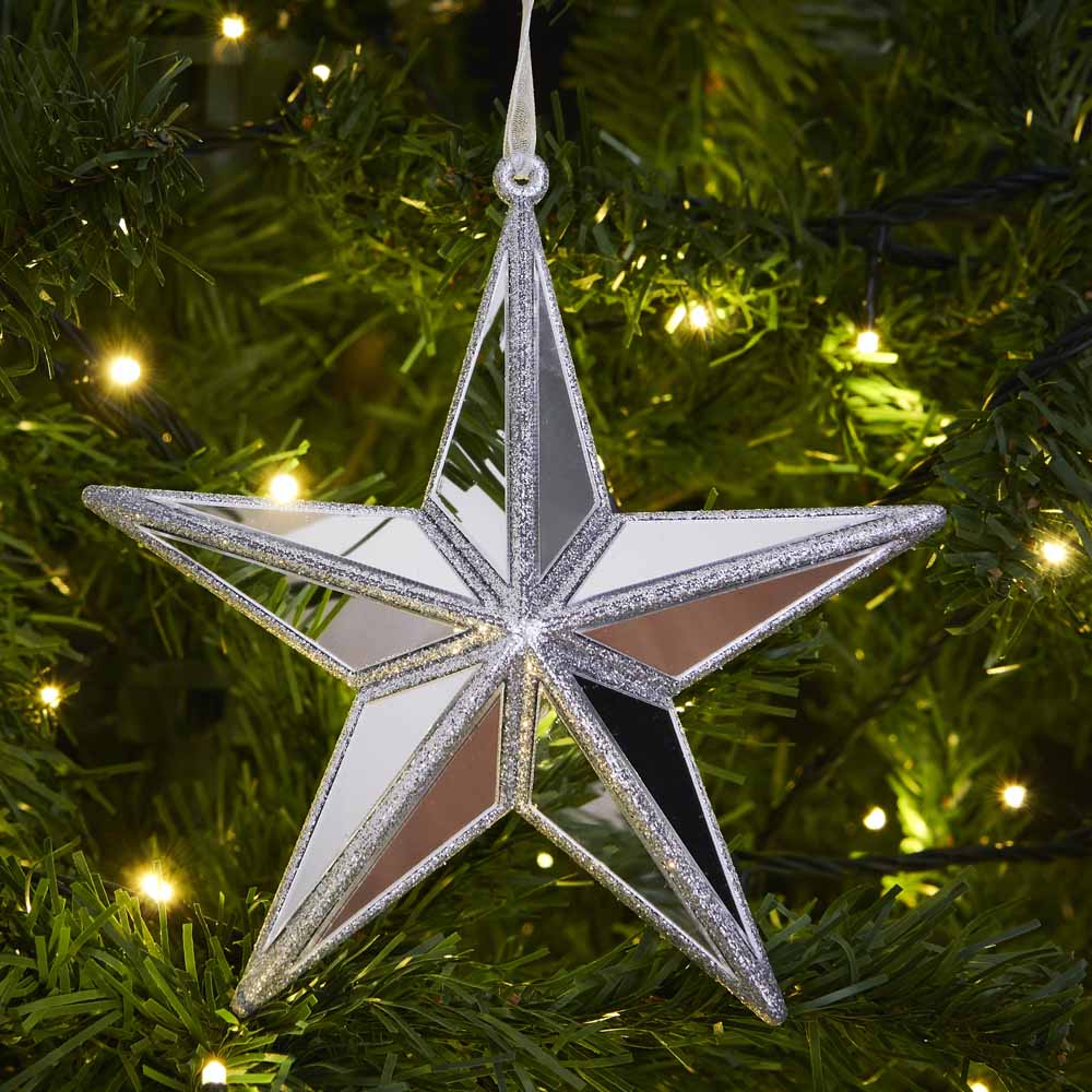 Wilko Glitters Silver Mirror Star Christmas Decorations 4 Pack Image 3
