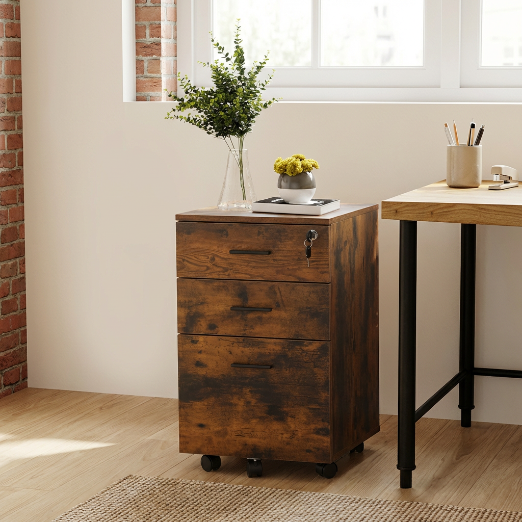 Brown 3 Drawer Wooden Filing Cabinet Brown Image 7
