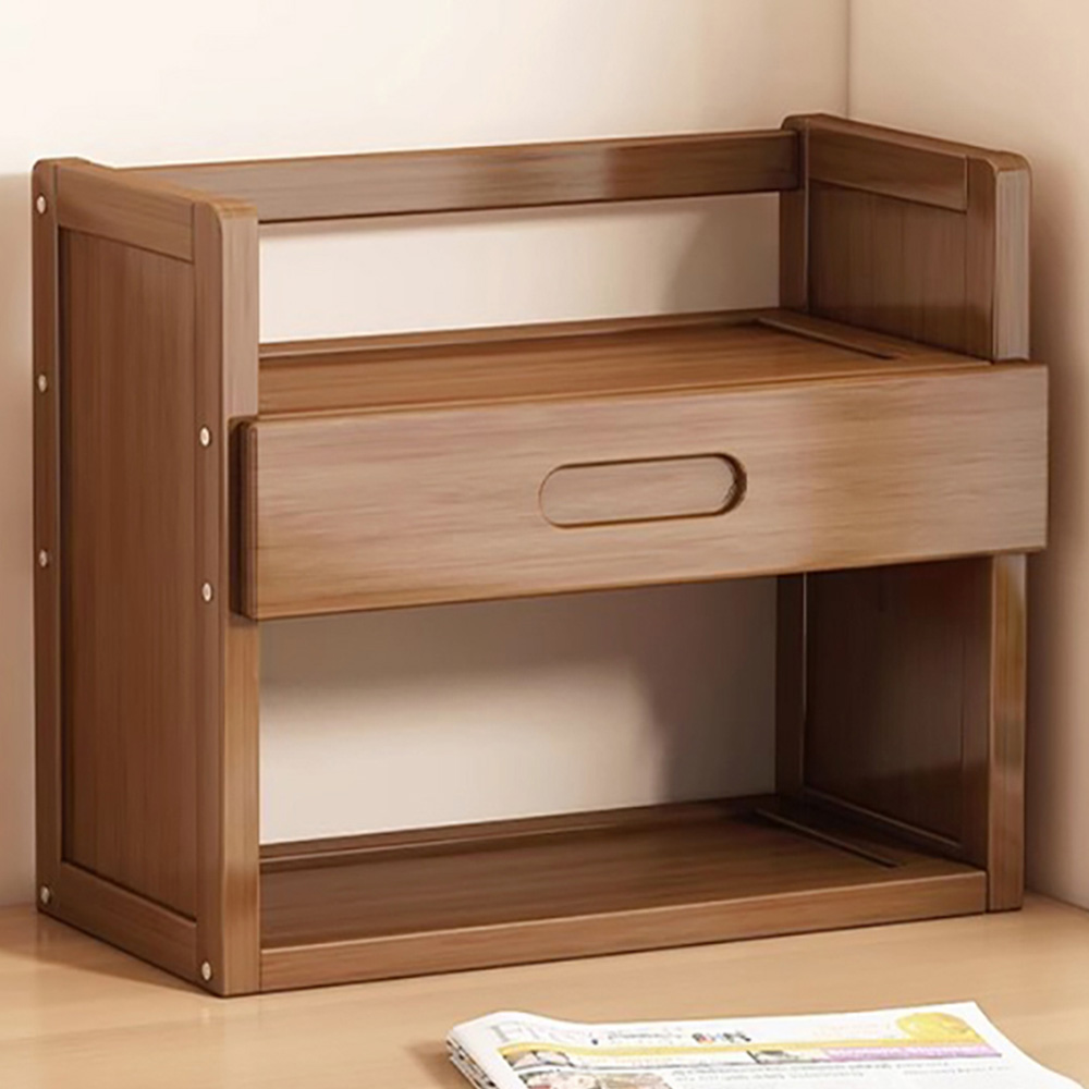 Living and Home Single Drawer 2 Shelf Brown Bamboo Desktop Bookshelf Image 1