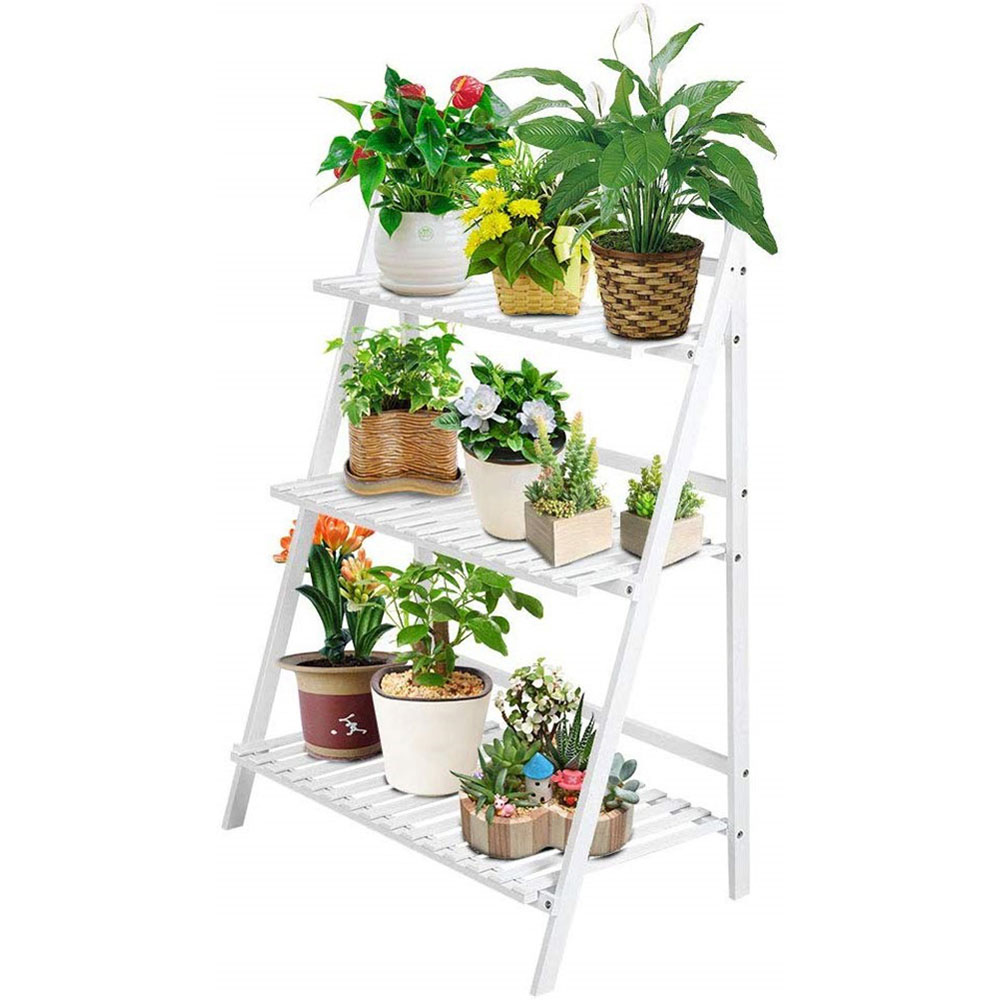 Living and Home 3 Tier White Wooden Foldable Ladder Shelf Image 4