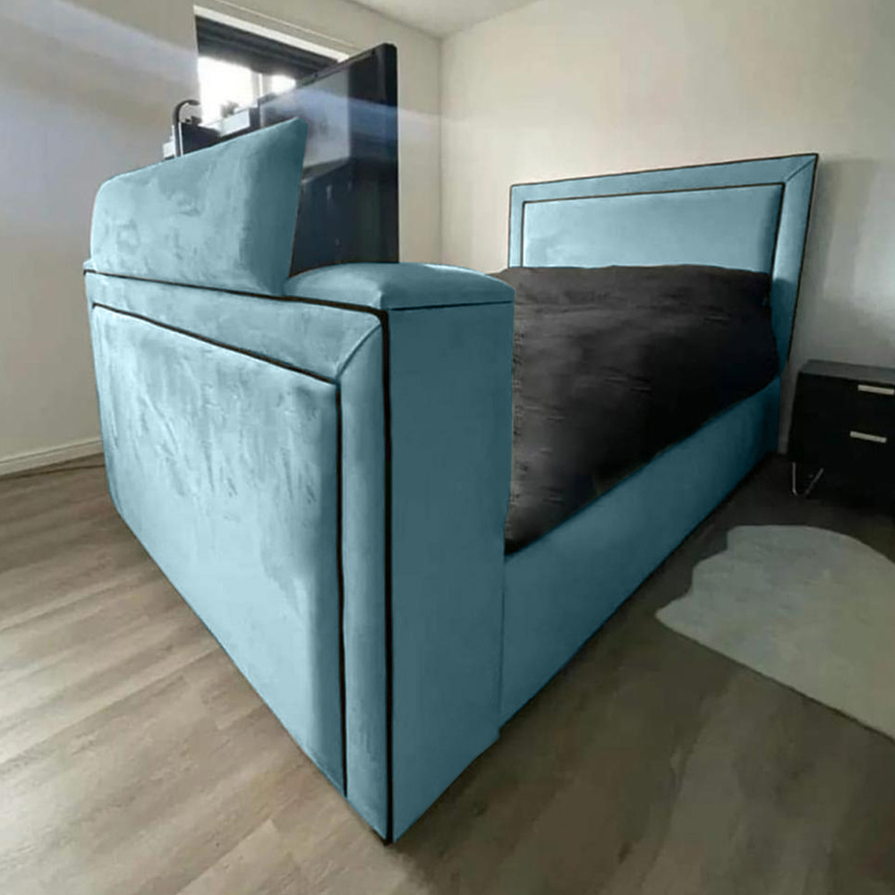 Eleganza Home Bisham Super King Size Duck Egg Plush Velvet TV Bed Frame Image 1