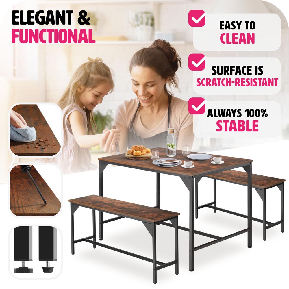 tectake Bolton 2 Seater Industrial Dark Wood Dining Set with Bench Image 4