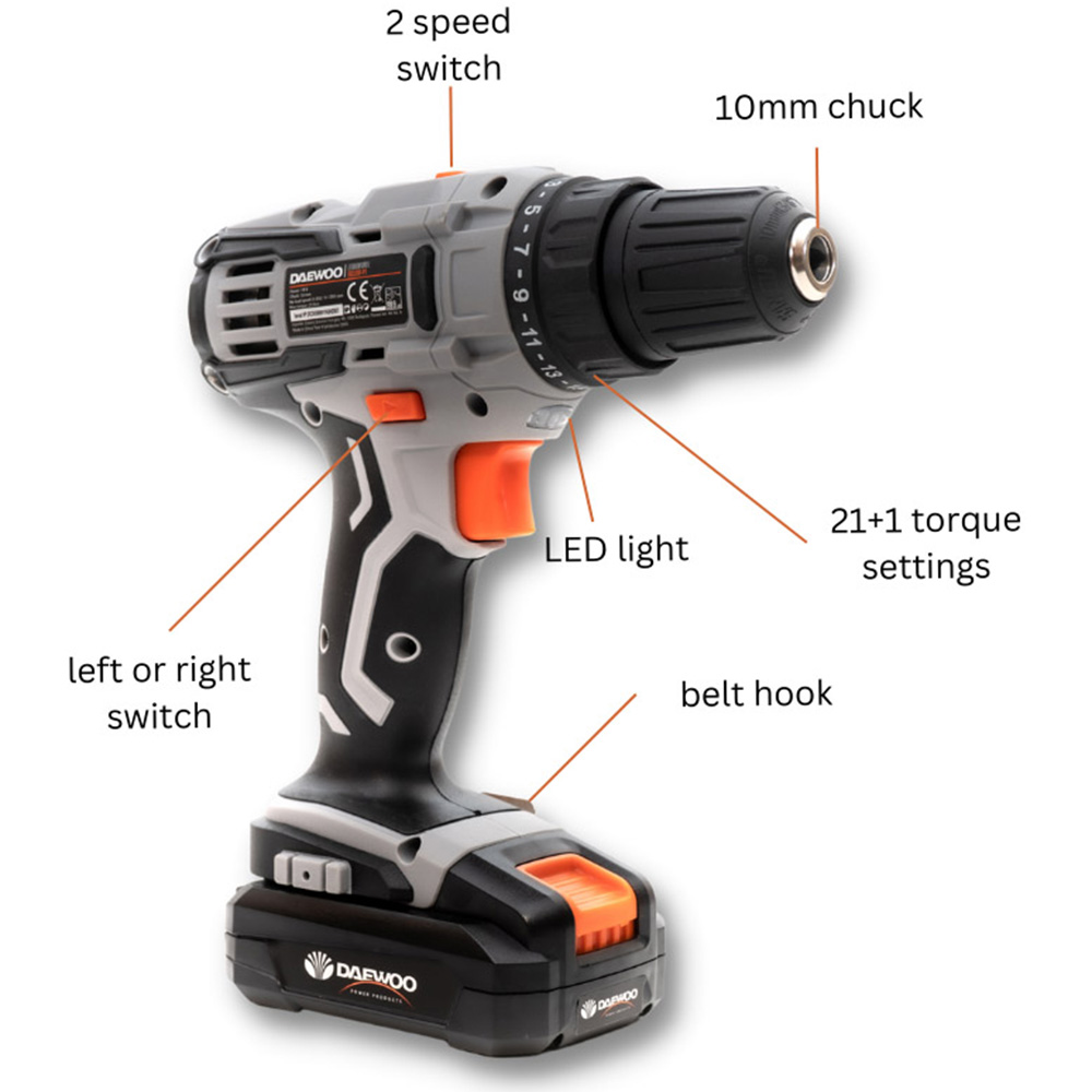 Daewoo U-Force 18V 2 x 2Ah Lithium-Ion Drill Driver with Battery Charger Image 7