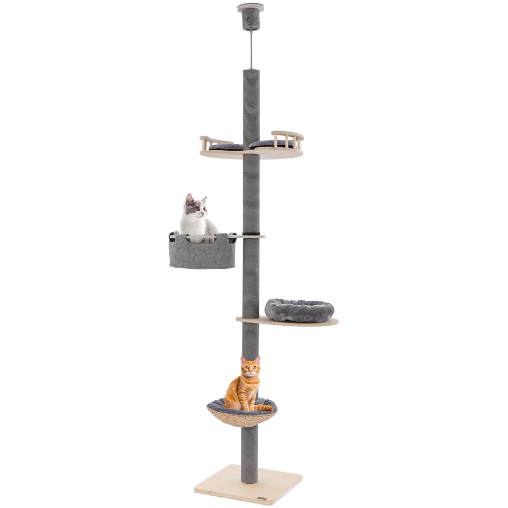 Costway 5 Tier Grey Adjustable Wooden Floor to Ceiling Cat Tree Image 1