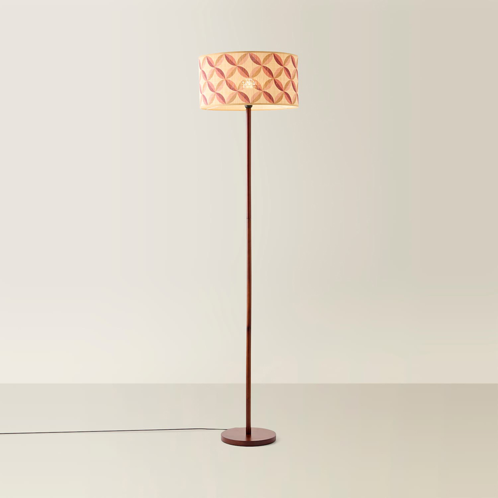 ValueLights Heather Geo Print Bamboo Drum Shade Dark Wood Stem Floor Lamp with Bulb Image 3