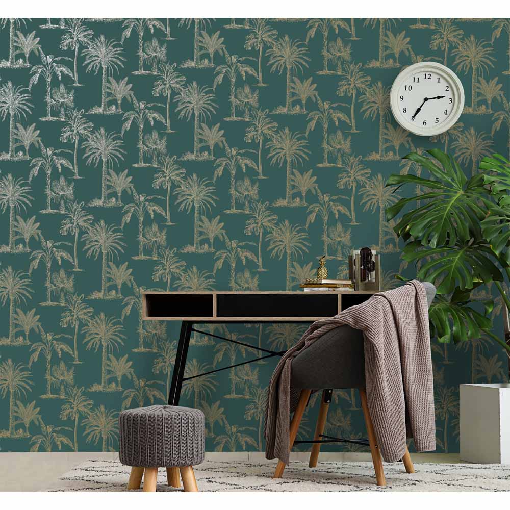 Holden Decor Glistening Tropical Tree Metallic Teal Wallpaper Image 2