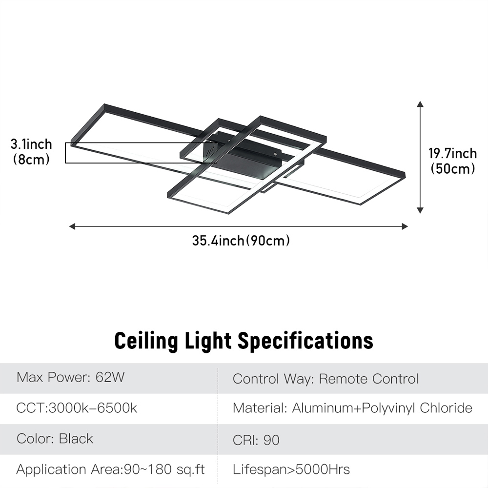 Living and Home 35 inch Black Rectangular Semi-Flush Dimming Ceiling Light with Remote Image 9