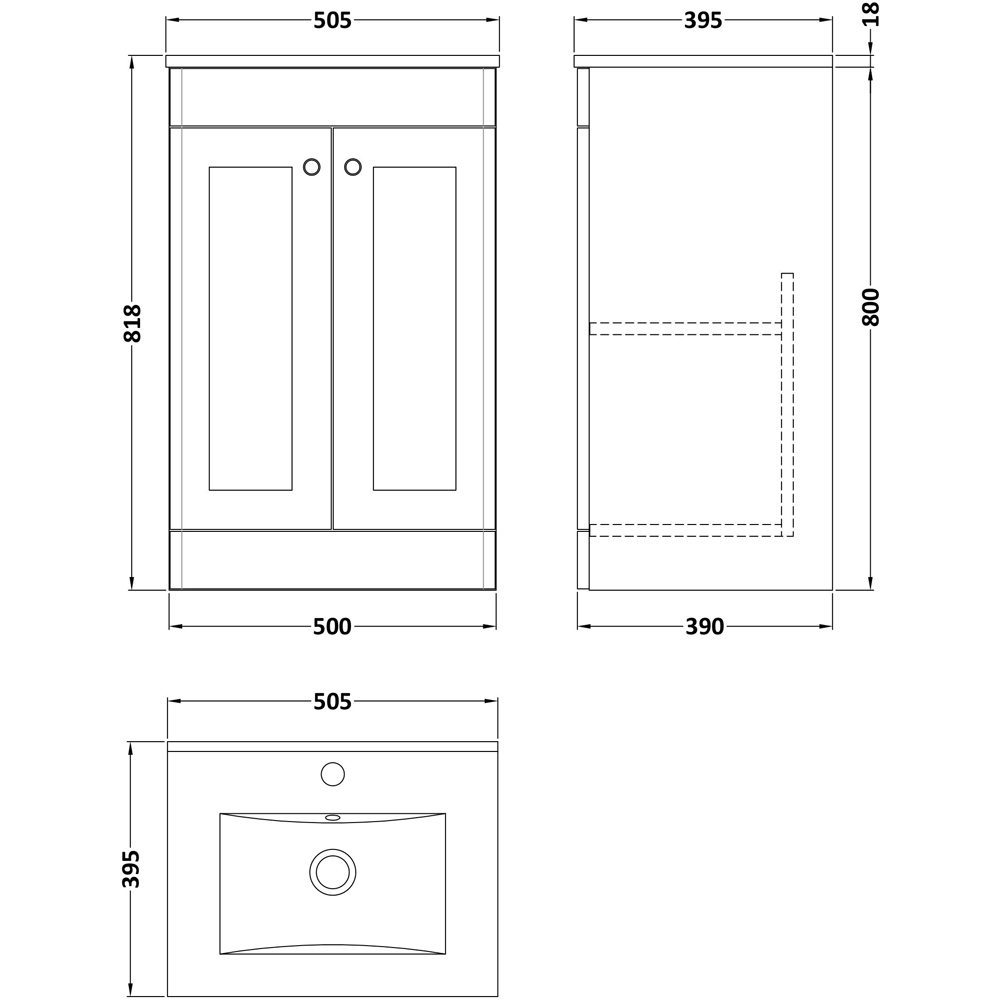 nuie Classique 2 Door Satin White Floor Standing Unit and Minimalist Ceramic Basin 500mm Image 3