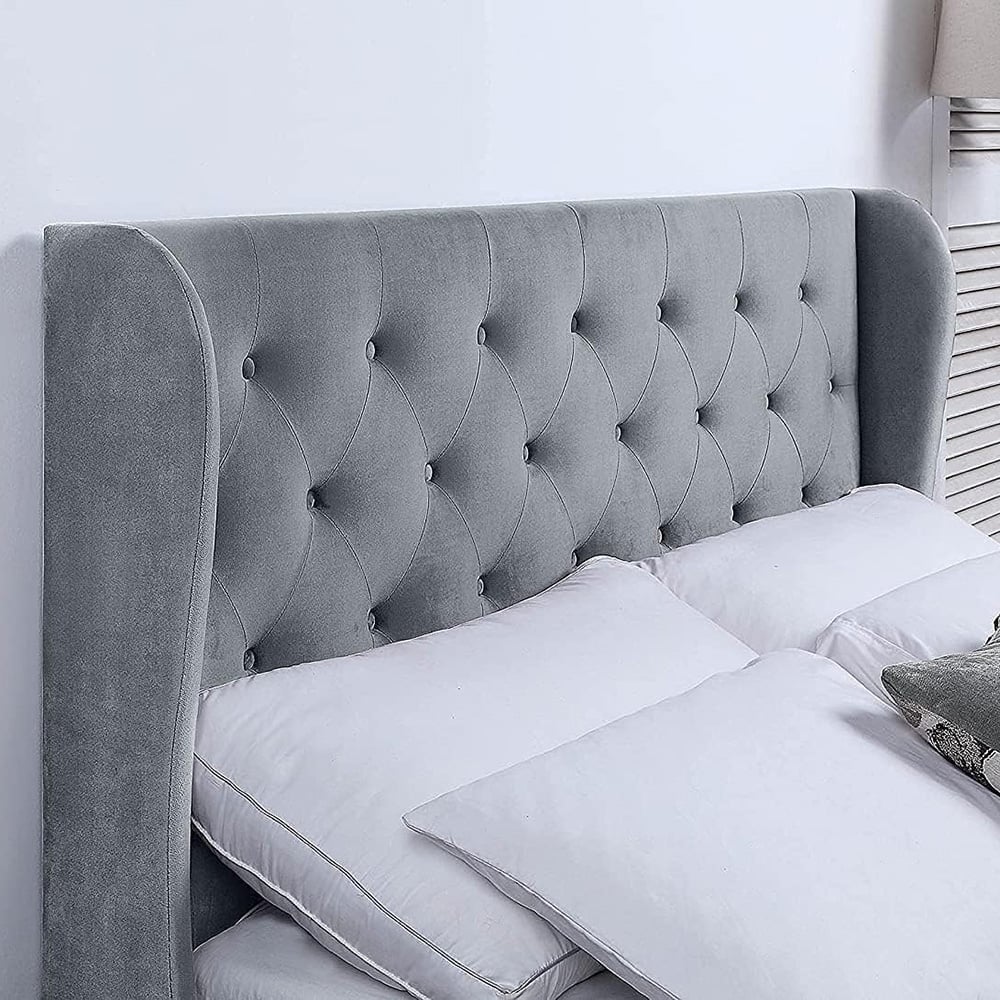 Home Treats King Size Grey Velvet Winged Headboard Ottoman Bed Frame Image 4