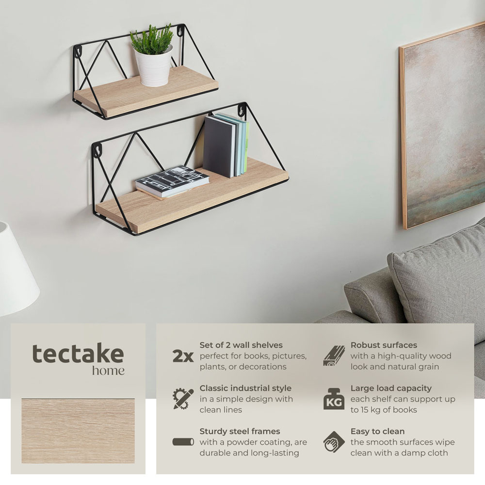 tectake Oak Wall Shelf with Decorative Metal Bracket Set of 2 Image 6