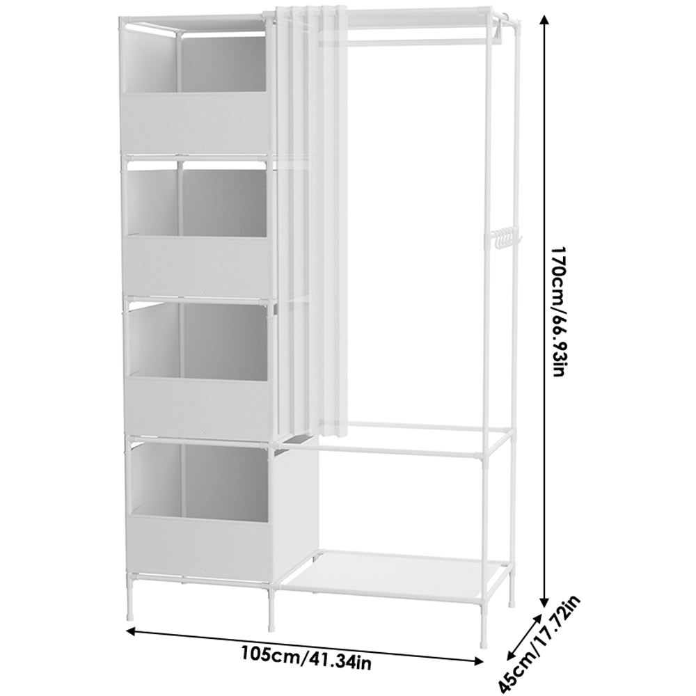 H&O Direct 5 Shelf White Portable Metal Wardrobe with Hanging Rail and Curtain Image 7