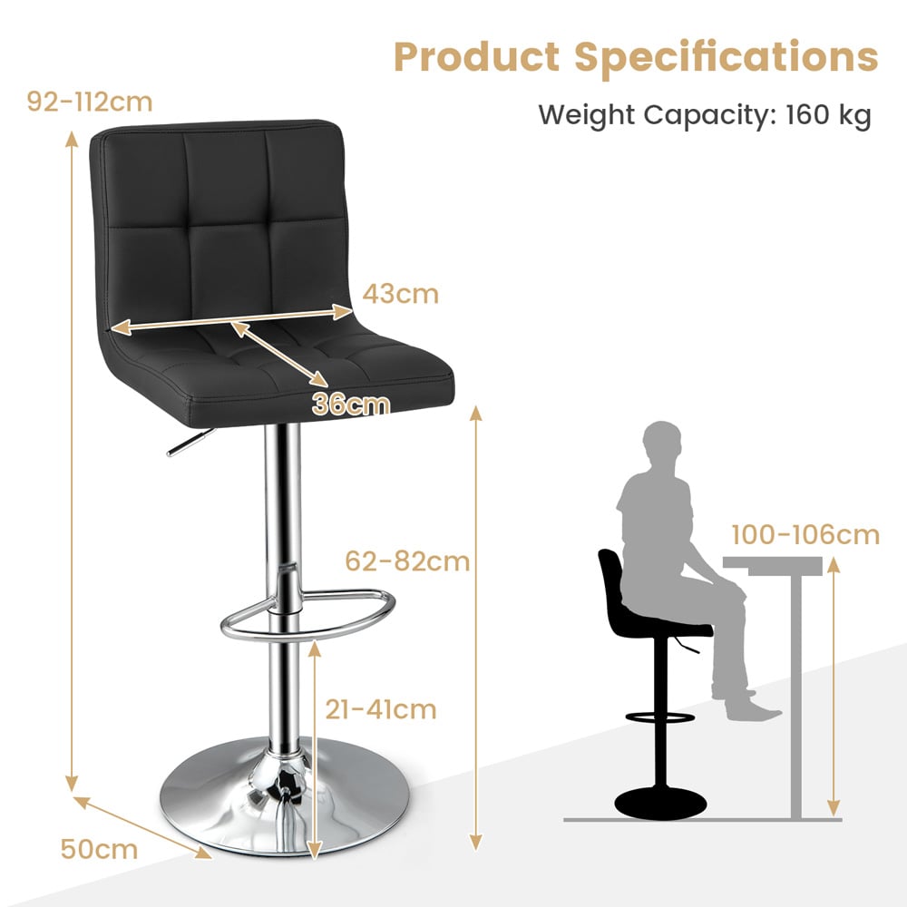 Costway Black PU Leather Bar Stool Set of 2 Image 9