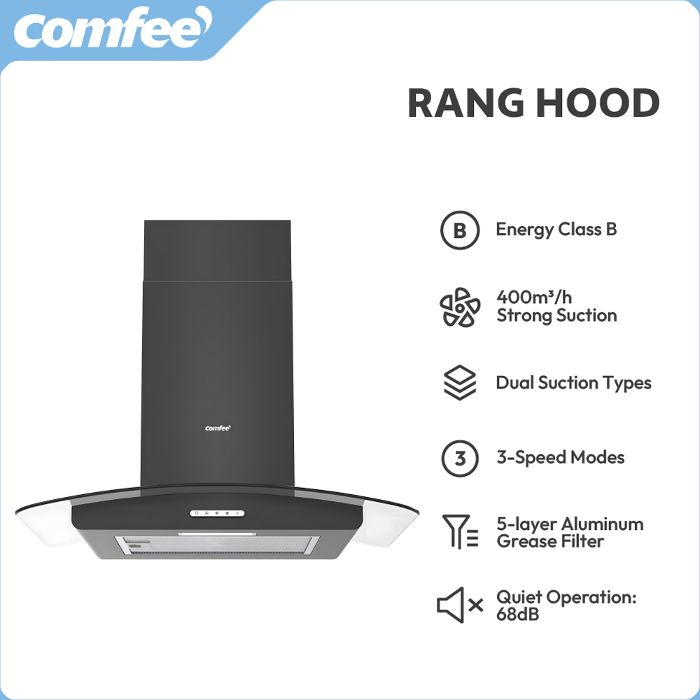 Comfee Stainless Steel Black 60cm 3 Speed Wall Mounted Glass Cooker Hood with LED Image 6