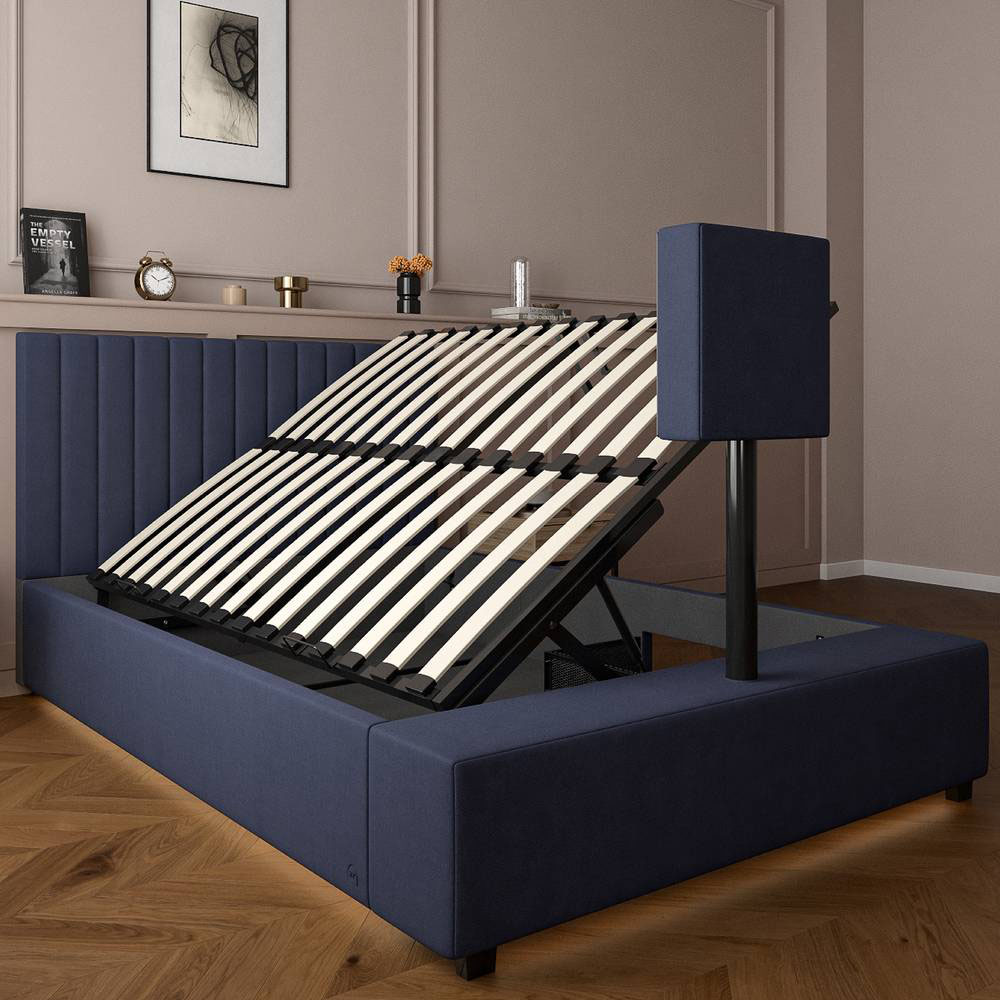 XR Living Maisie King Navy Blue Velvet Ottoman TV Bed with LED Under Frame Image 3