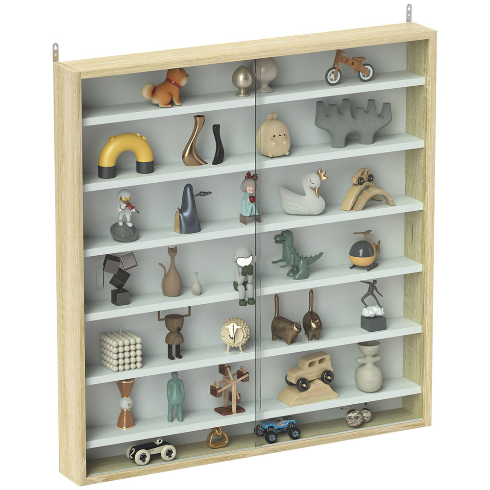 HOMCOM 7-Tier Glass Doors Oak Wall Display Cabinet Image 2