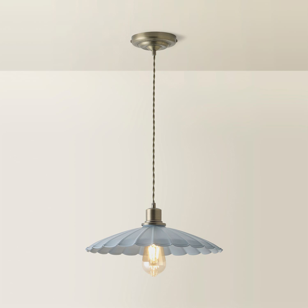 ValueLights Holborn Blue Scallop Metal Shade Brushed Gold Pendant Light with Bulb Image 5
