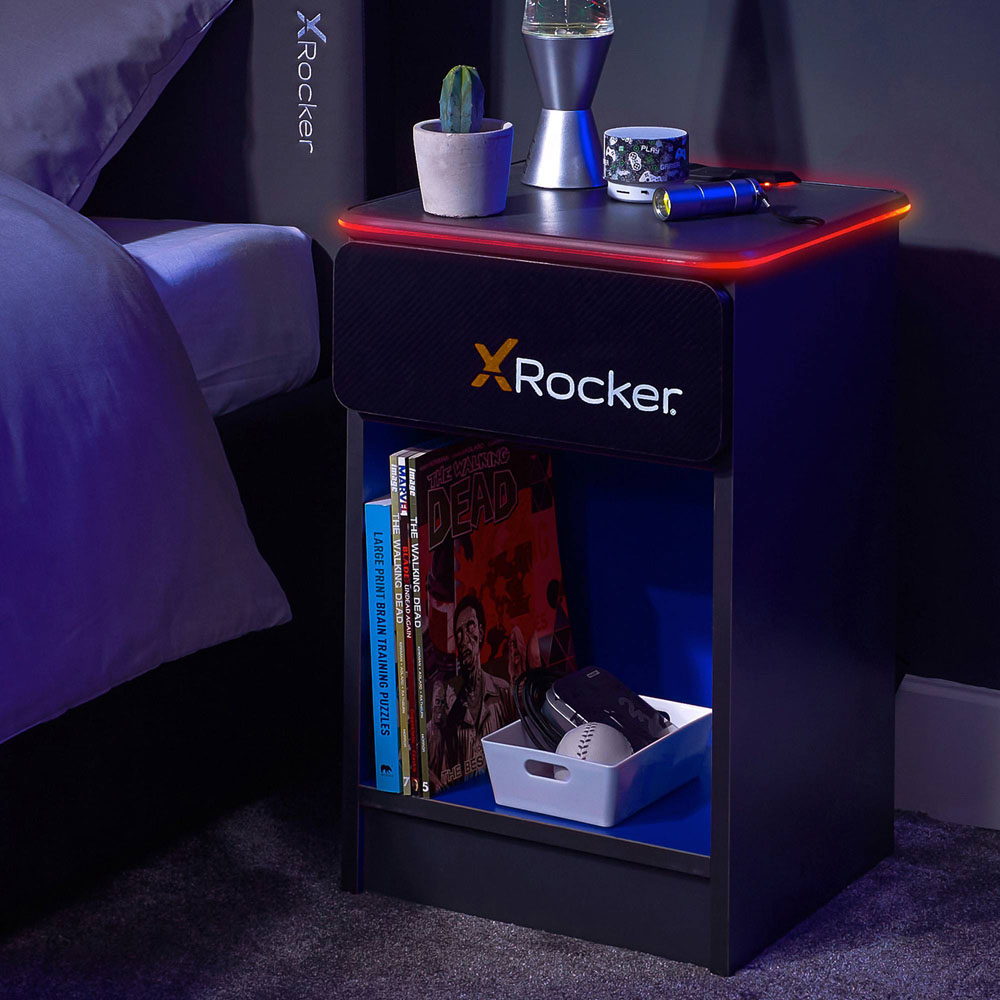 X Rocker Carbon-Tek Single Drawer Single Shelf Grey and Blue LED Bedside Table with Charging Image 2