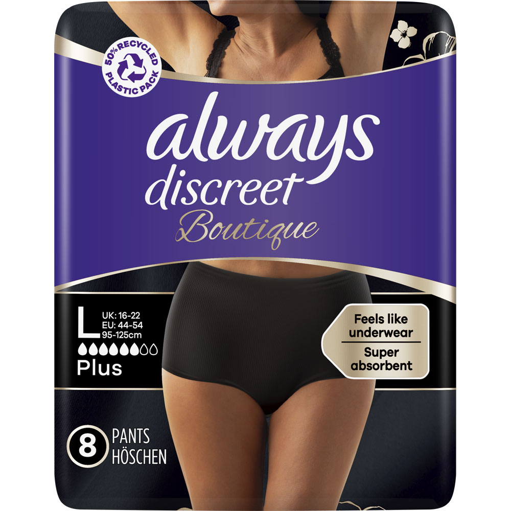 Always Discreet Boutique Black Incontinence Pants Large Plus 8 Pack Image 1