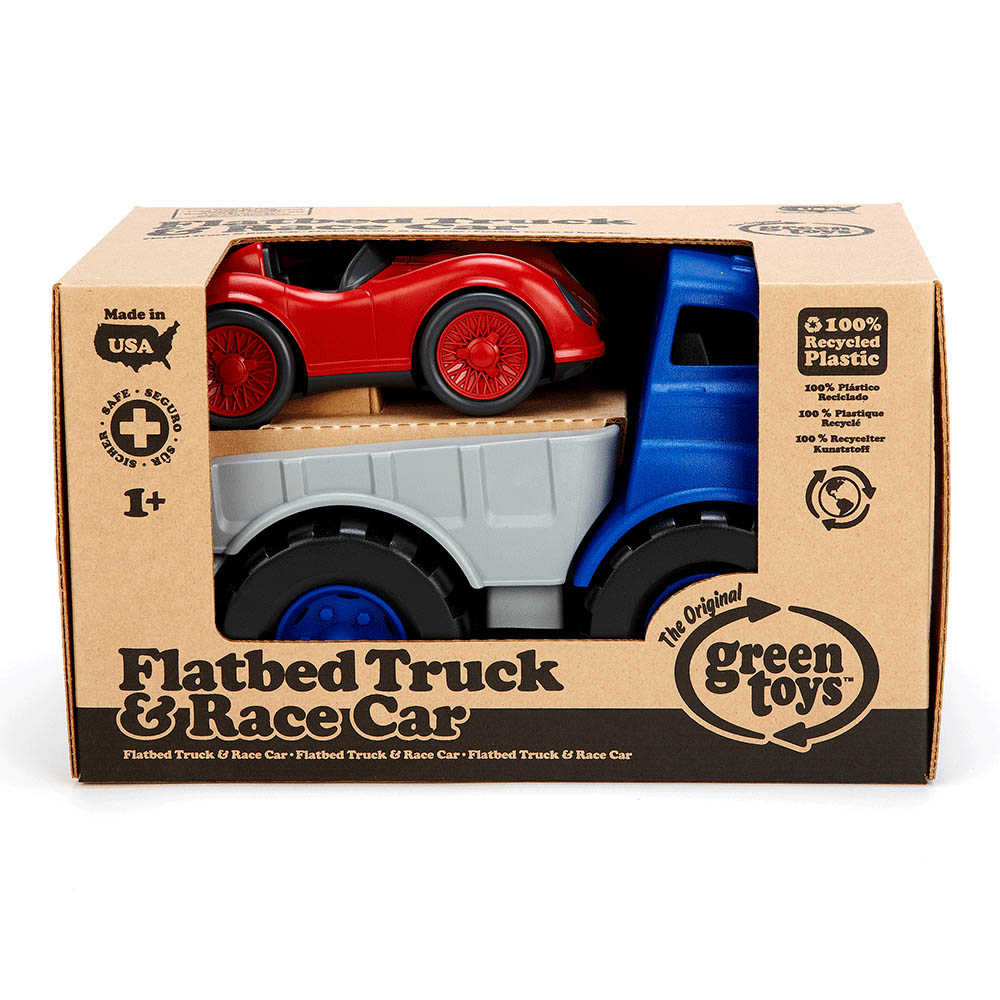 BigJigs Toys Green Toys Flatbed Truck and Race Car Image 1