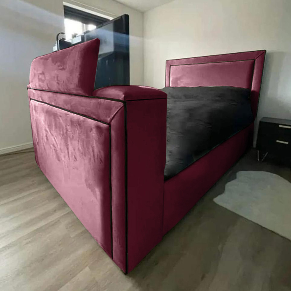 Eleganza Home Bisham Super King Size Maroon Plush Velvet TV Bed Frame Image 1