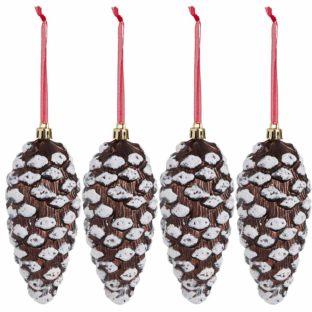 Wilko Traditional Pinecone with Snow Christmas Baubles 4 Pack Image 2