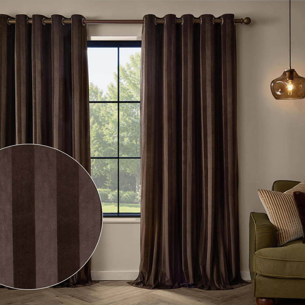 Paoletti Regency Chocolate Stripe Velvet Lined Eyelet Curtains 168 x 183cm Image 2