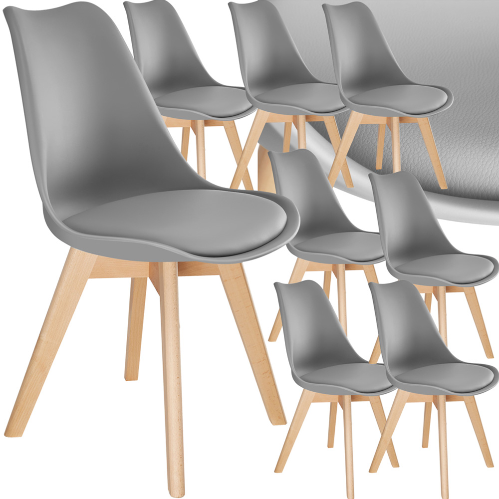 tectake Frederikke Set of 8 Grey Padded Dining Chair with Wooden Legs Image 2