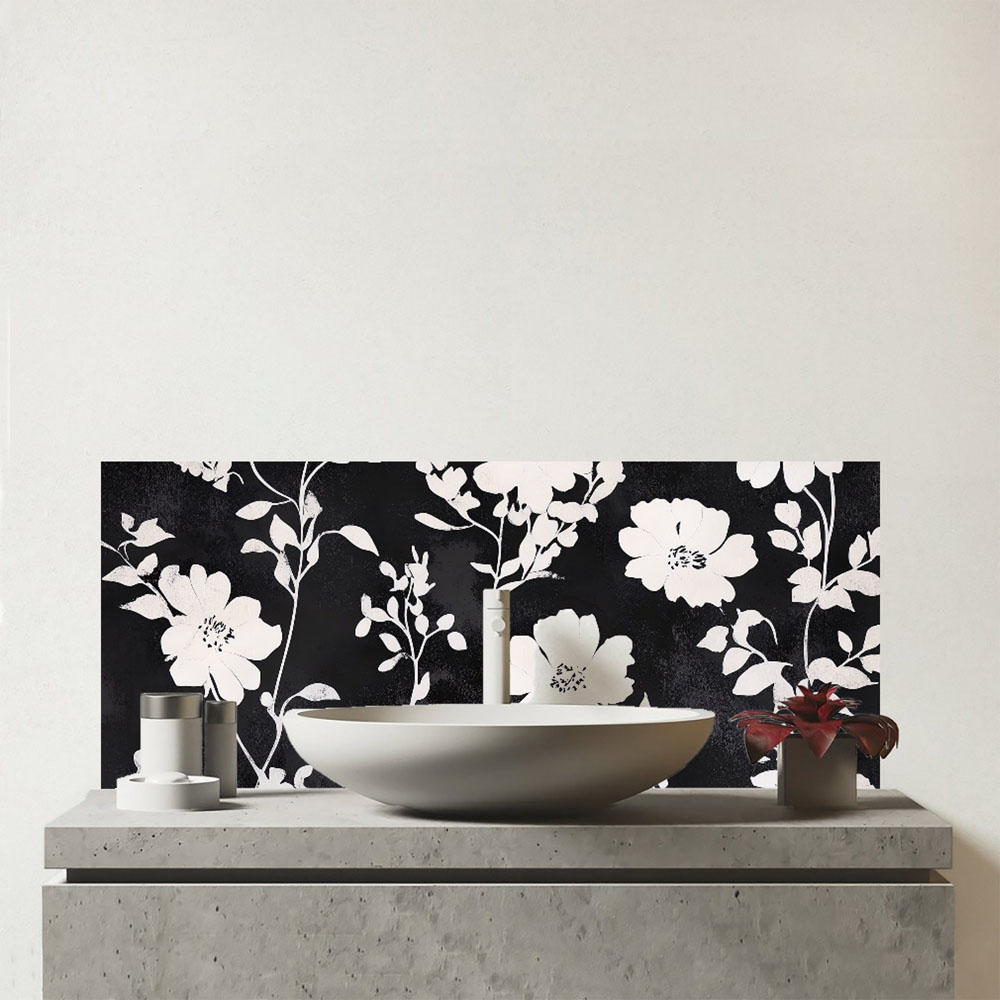 Warren Reed Designer Black and White Floral Silhouette Glass Bathroom Splashback 25 x 60cm Image 1