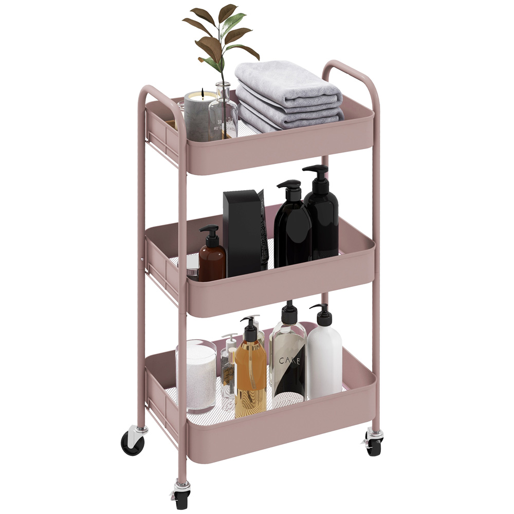 HOMCOM 3-TierPink Rolling Utility Cart Image 3
