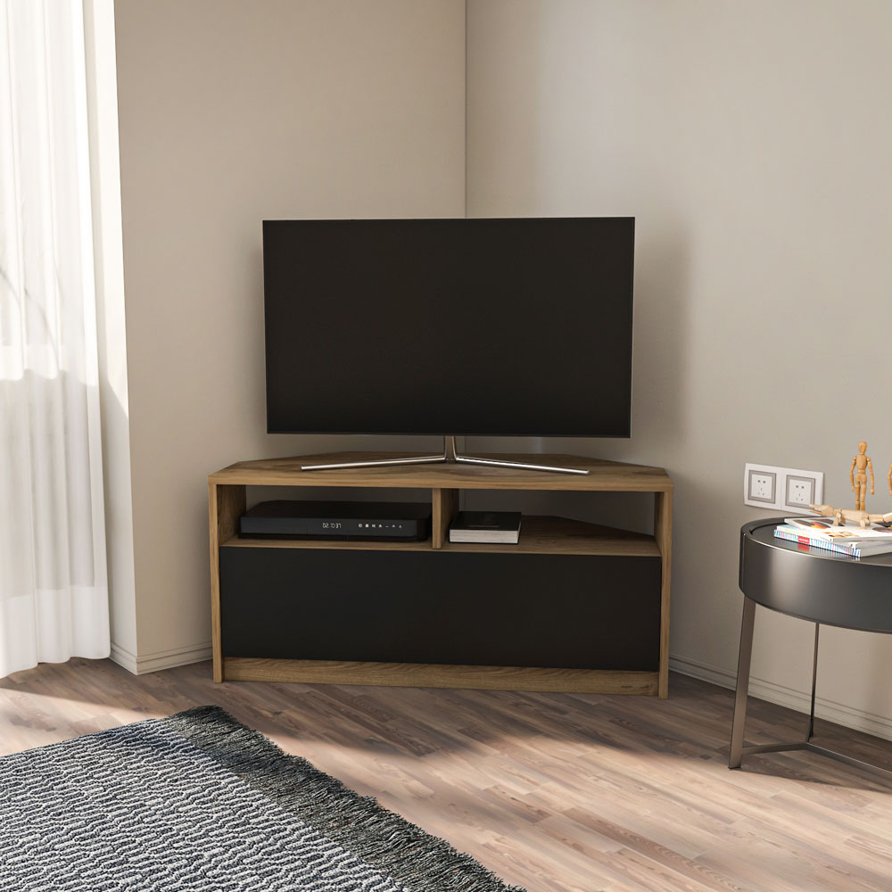 Decorotika Comero Single Door 2 Shelf Oud and Black Corner TV Unit Image 7