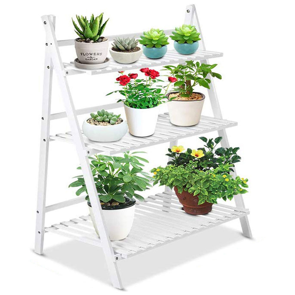 Living and Home 3 Tier White Wooden Foldable Ladder Shelf Image 5