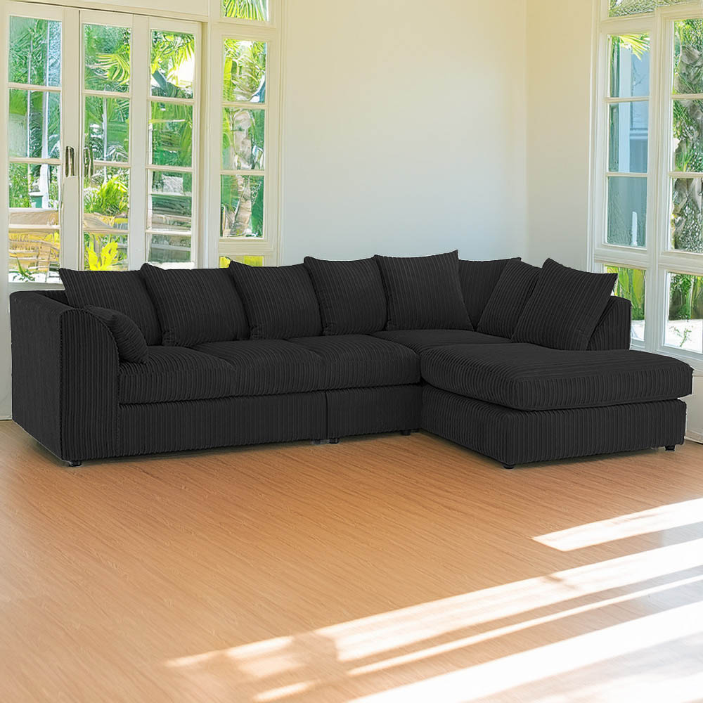 Luxor 4 Seater Black Jumbo Cord Right Hand Facing Scatter Back L Shaped Corner Sofa Set Image 1
