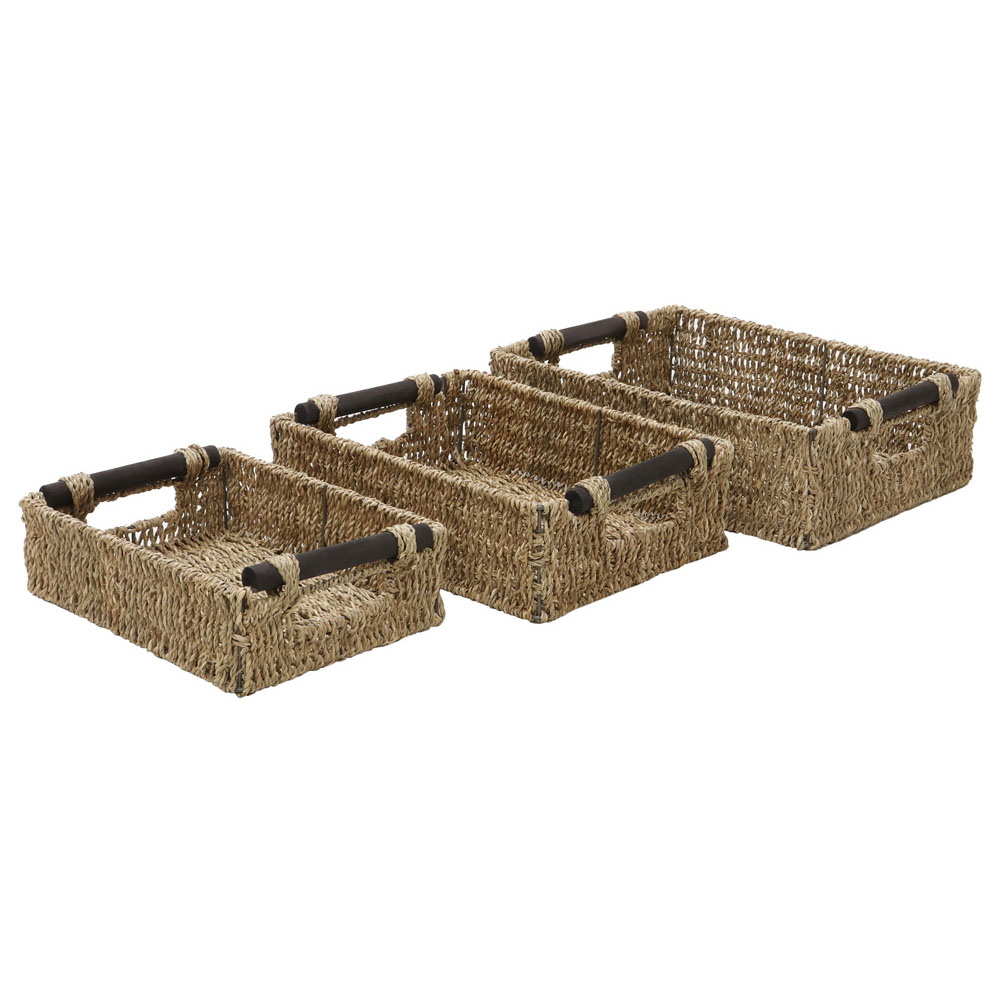 JVL Seagrass Rectangular Storage Baskets with Wooden Handles Set of 3 Image 3
