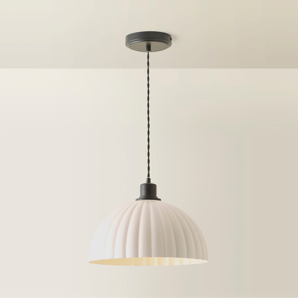 ValueLights Bourton Cream Ribbed Dome Shade Matte Black Ceiling Light with Bulb Image 5