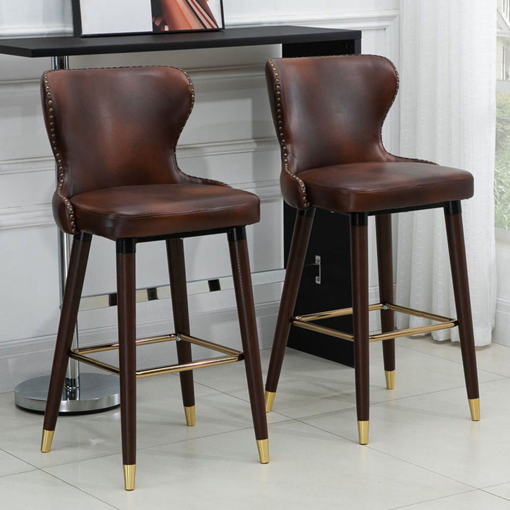 Portland Brown PU Leather Vintage Bar Stool Set of 2 Image 1