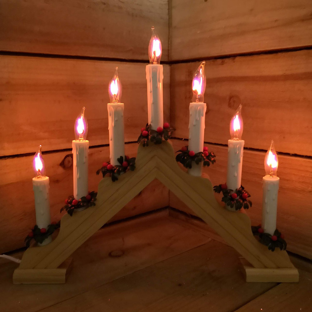 Premier 7 Flickering Warm White LED Wood Finish Christmas Candle Bridge Image 1