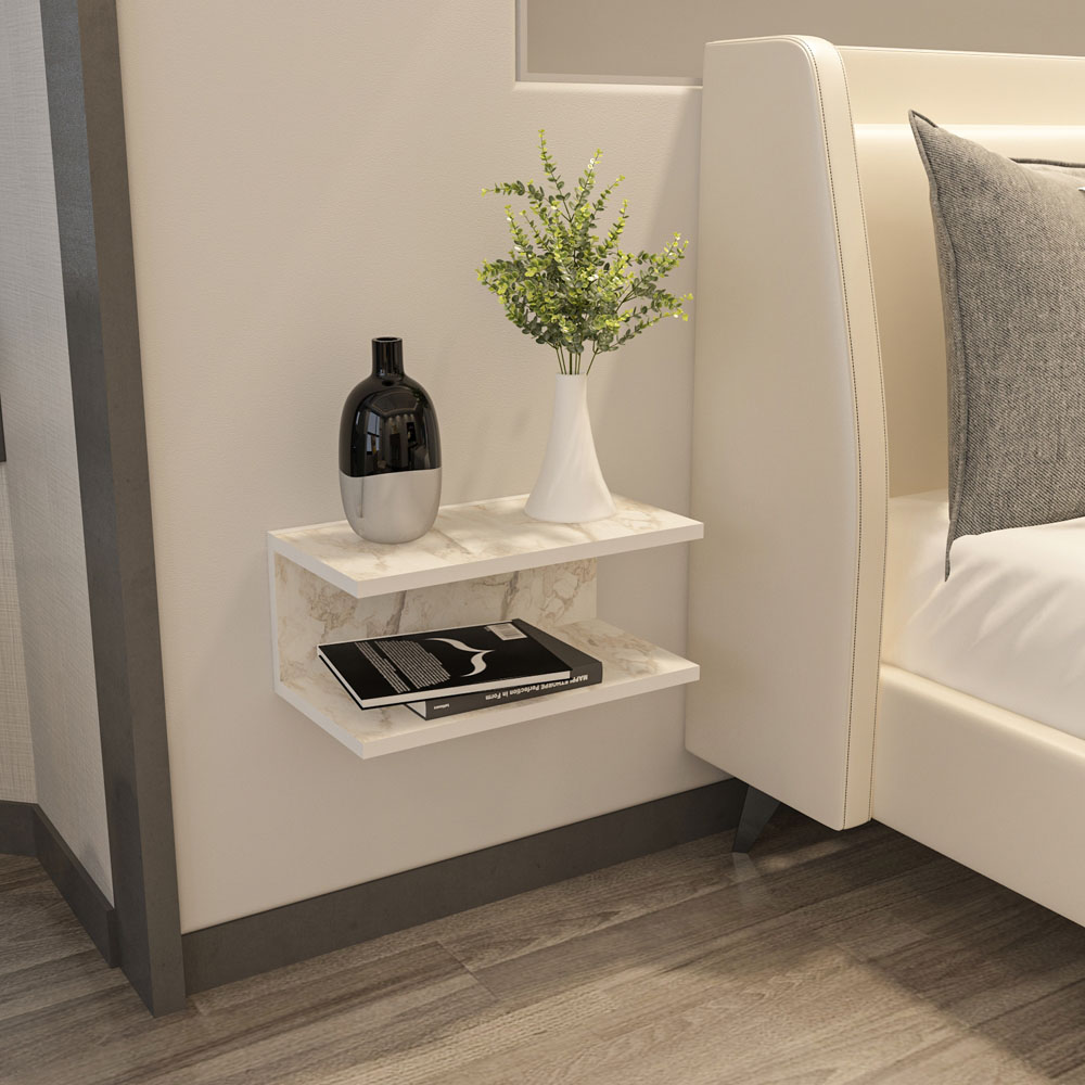 Decorotika Ramira 2 Shelf White Marble Effect Floating Bedside Table Image 4