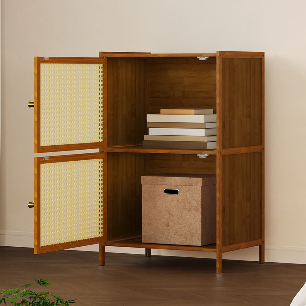 Living and Home 2 Rattan Door Brown Bamboo Bookcase | Wilko