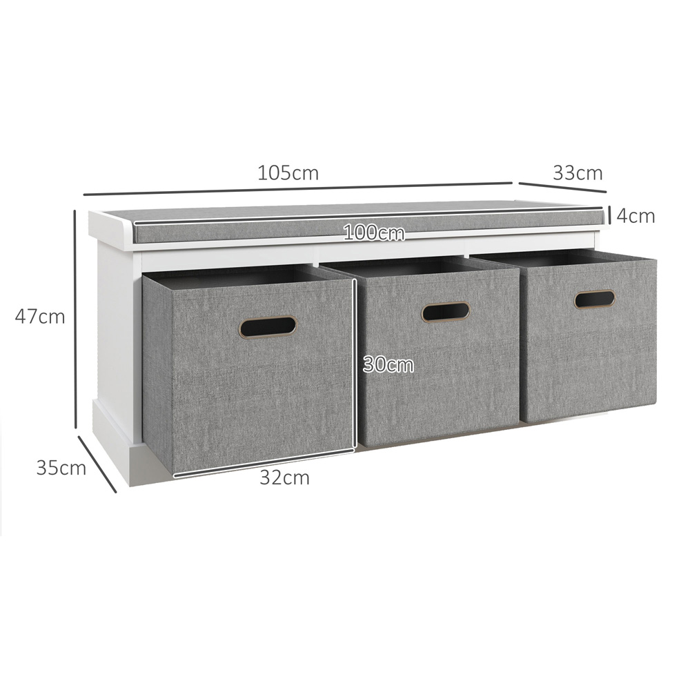 HOMCOM 3 Fabric Drawer White Shoe Storage Bench Image 9