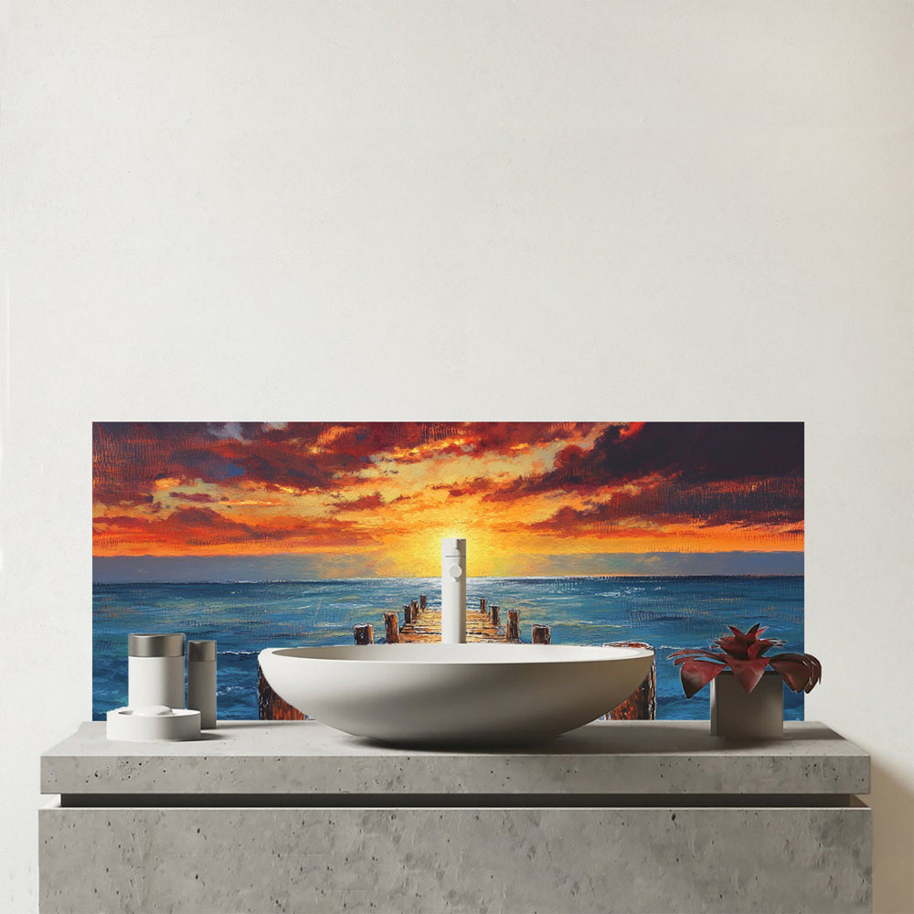 Warren Reed Designer Sunset Over a Caribbean Sea Glass Bathroom Splashback 25 x 60cm Image 1