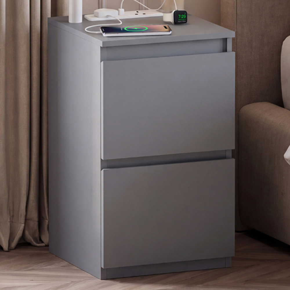 VIDA DESIGNS Denver 2 Drawer Grey Bedside Chest with Power Outlet Image 1