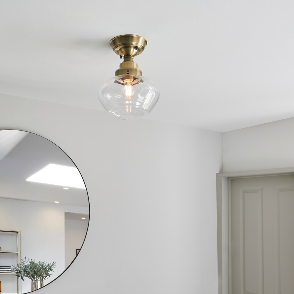 Merano Finale Antique Brass Clear Glass Semi Flush Ceiling Light Image 6