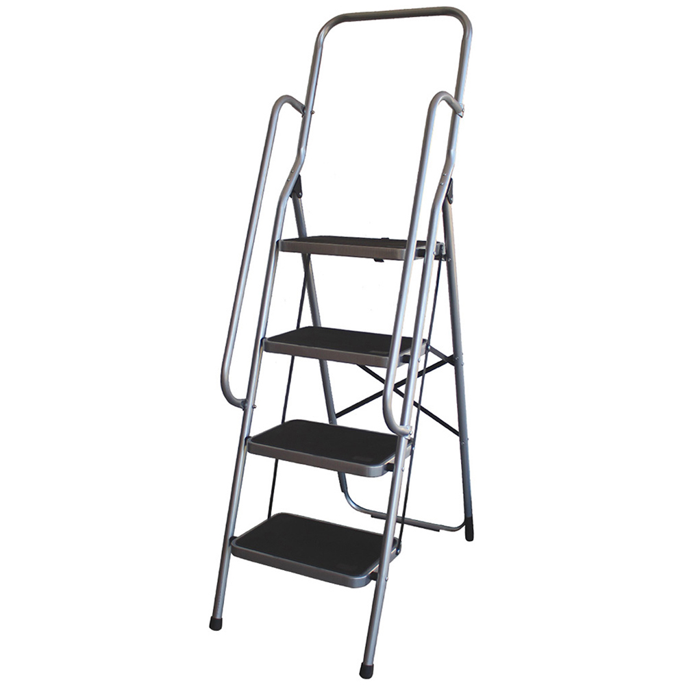 Charles Bentley Grey 4 Tread Step Ladder with Handrail Image 1