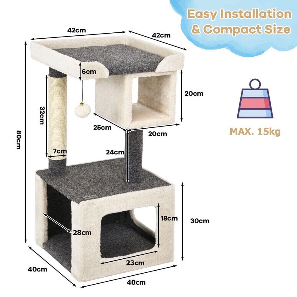 Costway 2 Tier White Cat Climbing Tree with Scratching Post and Plush Ball Image 7