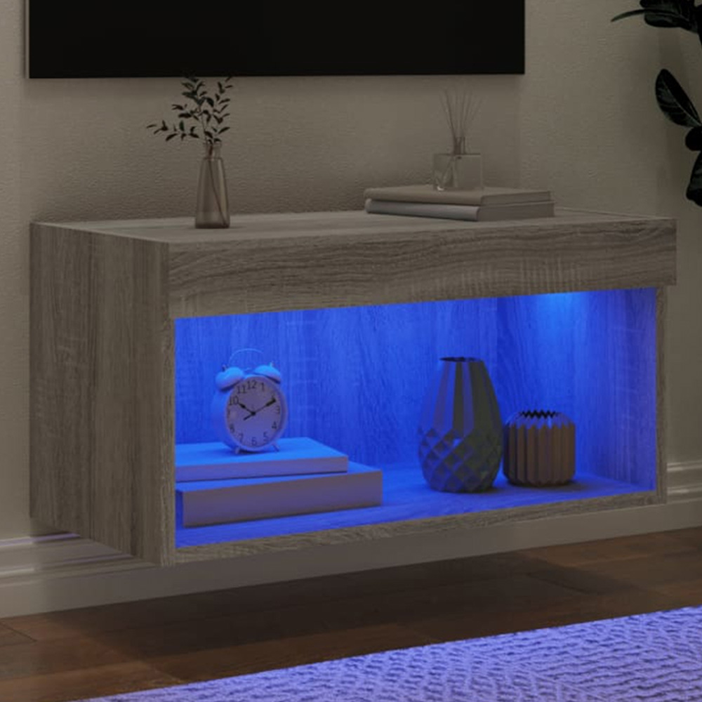 vidaXL Single Shelf Grey Sonoma Wall Mounted TV Cabinet with RGB LED Lights Image 1