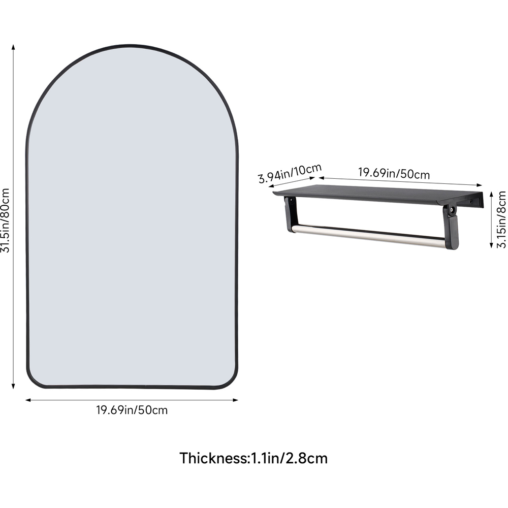 Living and Home Black Arched Aluminium HD Float Glass Bathroom Mirror with Towel Bar 50 x 80cm Image 8