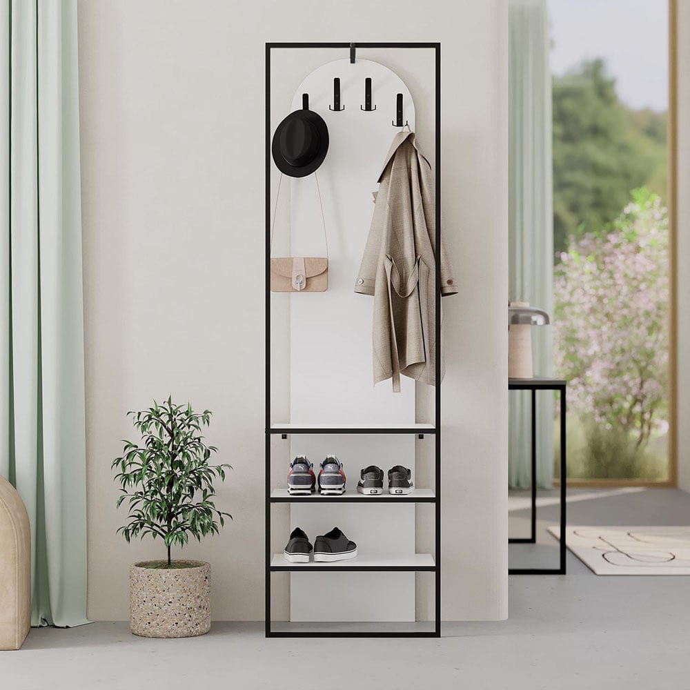 FWStyle Archy 3 Shelf White Coat Rack Stand with Shoe Storage Image 3