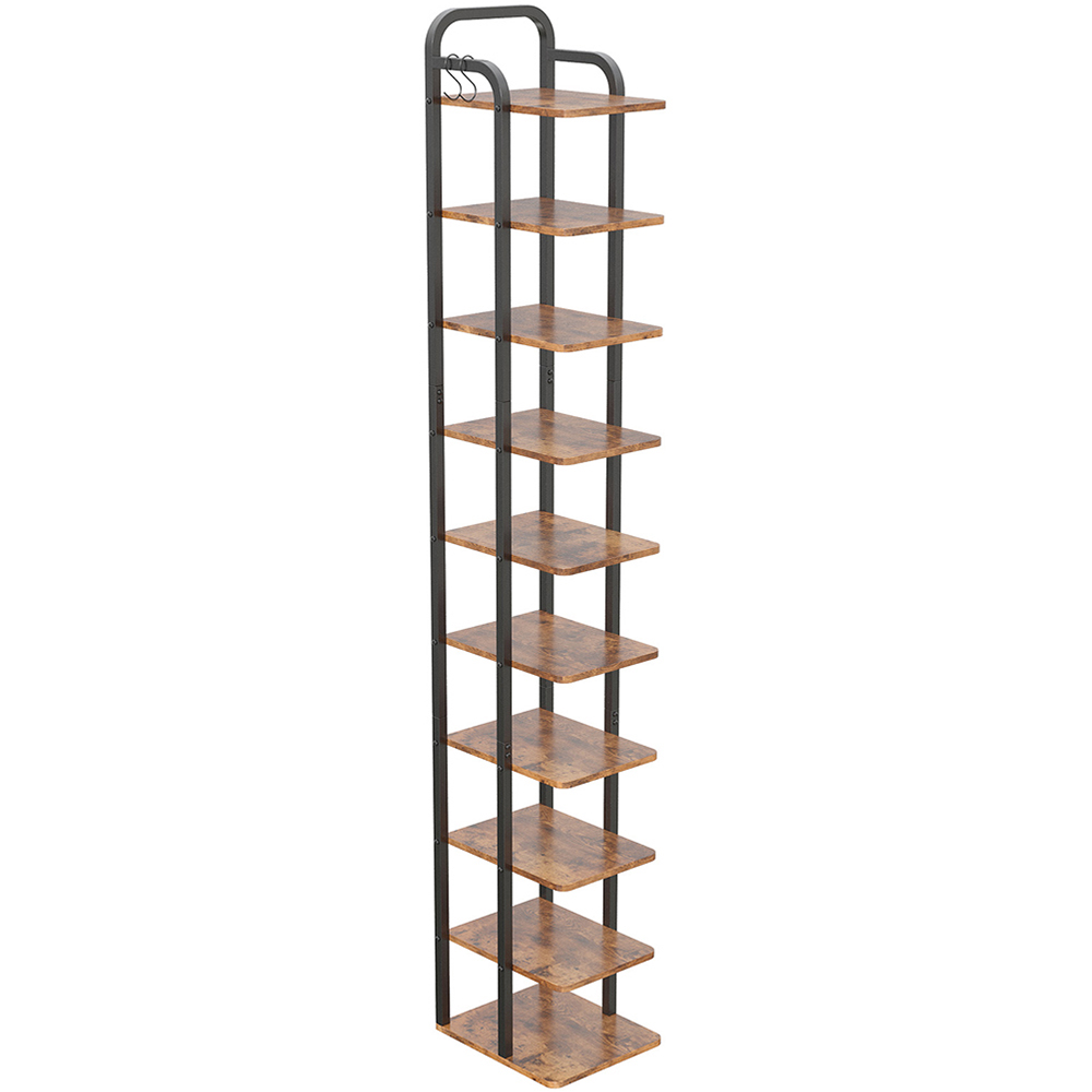 Living and Home 10 Shelf Wood Grain Finish Vintage Shoe Rack with Hooks Image 2