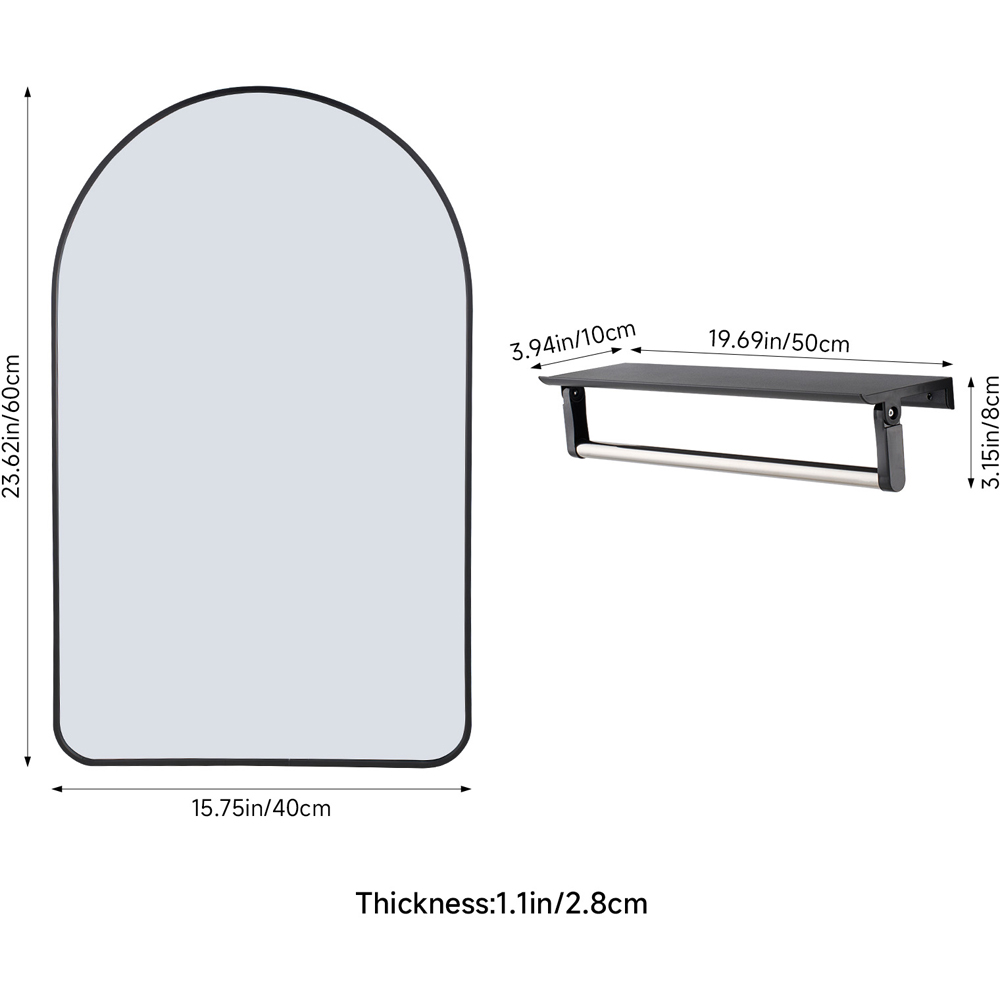 Living and Home Black Arched Aluminium HD Float Glass Bathroom Mirror with Towel Bar 40 x 60cm Image 8