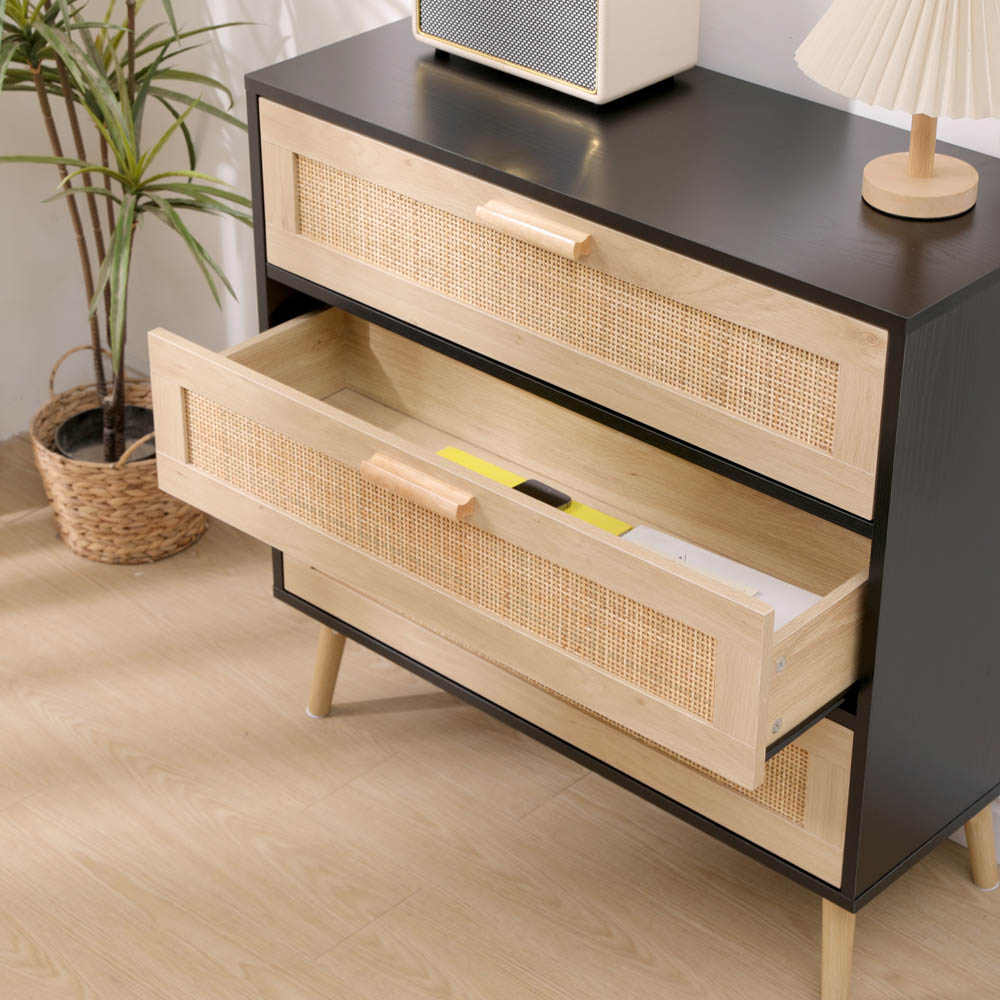 FurnitureHMD 3 Drawer Black and Natural Rattan Woven Front Wooden Chest of Drawers Image 5